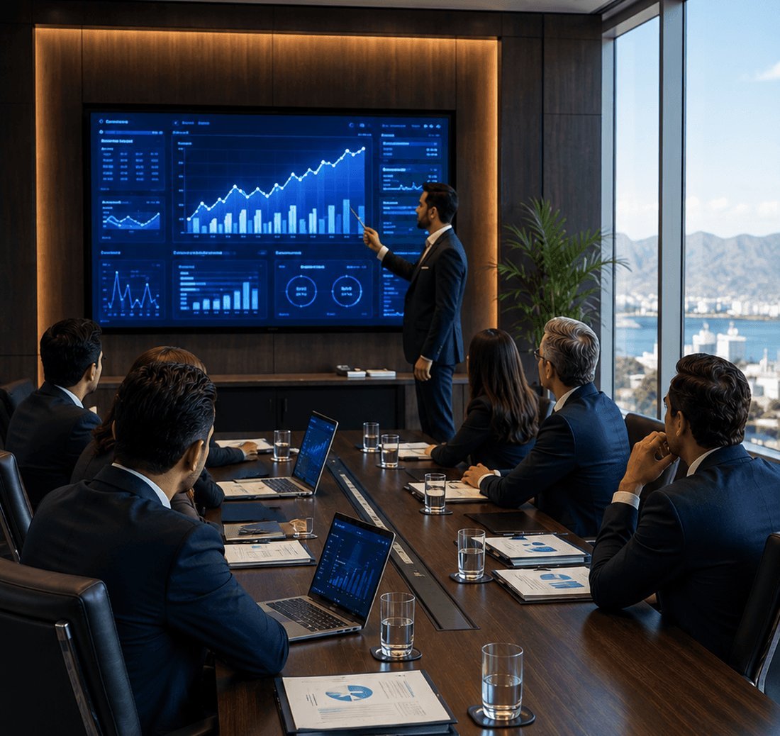 GCCA consultants presenting financial analysis in a Muscat boardroom